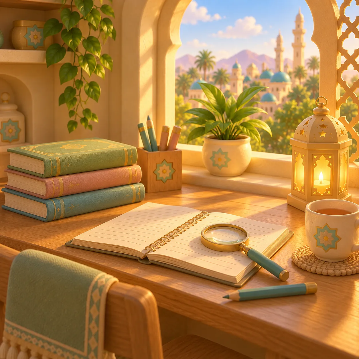 A desk by a sunny window with a stack of books, an open notebook, a magnifying glass, a lantern and a cup of tea