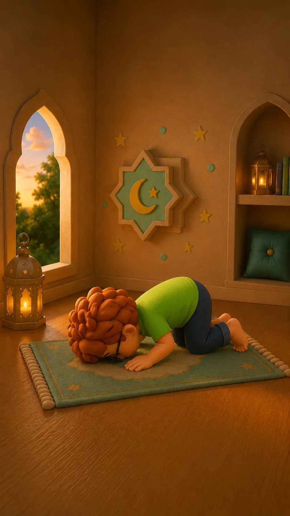 Layth in full prostration on the prayer mat, with forehead and nose touching the mat