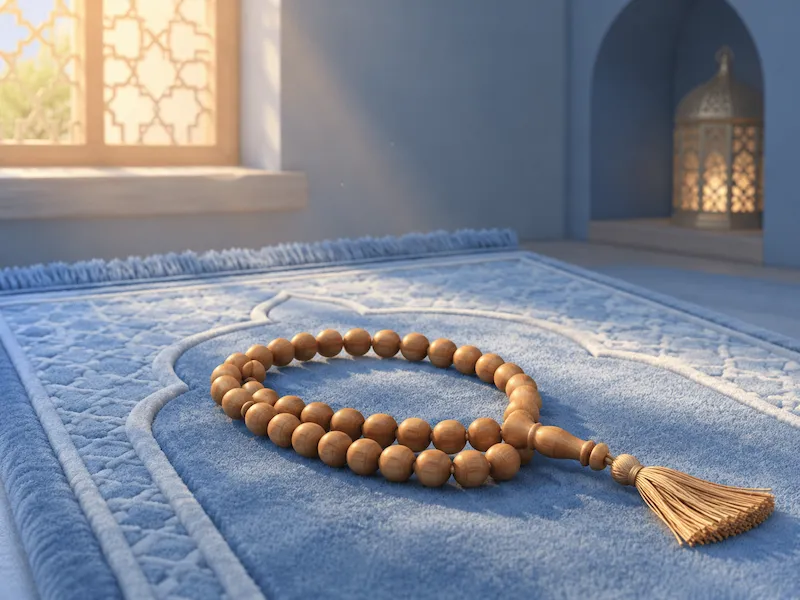 Tasbih after salah for kids: counting SubhanAllah, Alhamdulillah, and Allahu Akbar on prayer beads