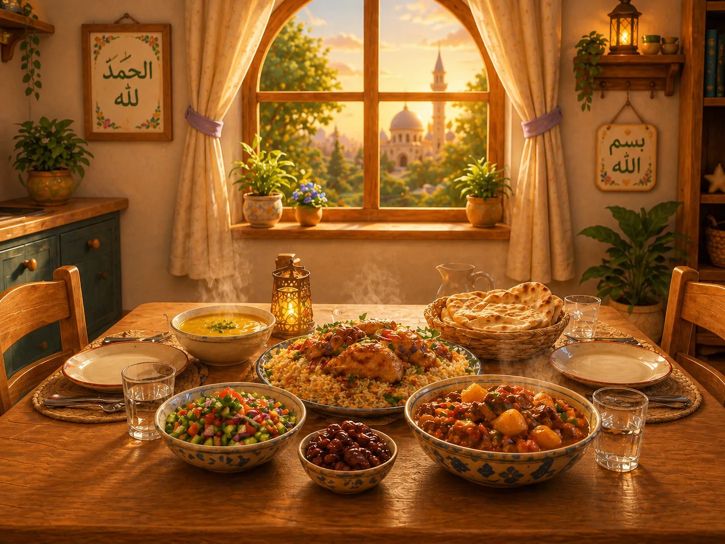 Warm mealtime scene with food and golden light