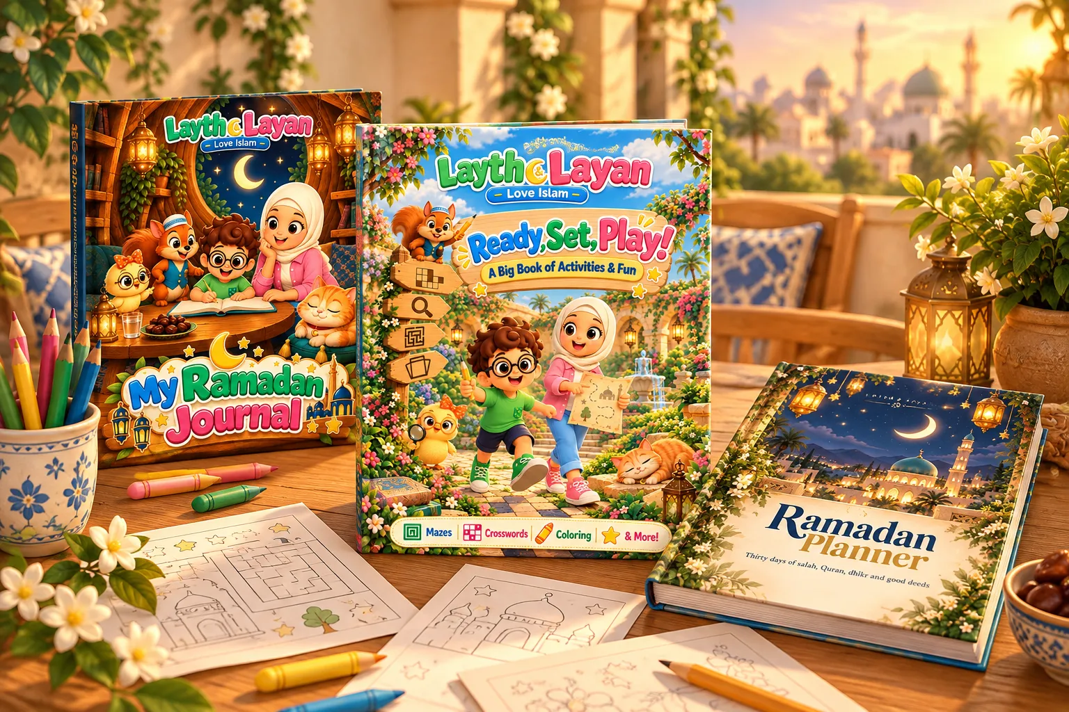 Layth & Layan books on a table with crayons and colouring pages