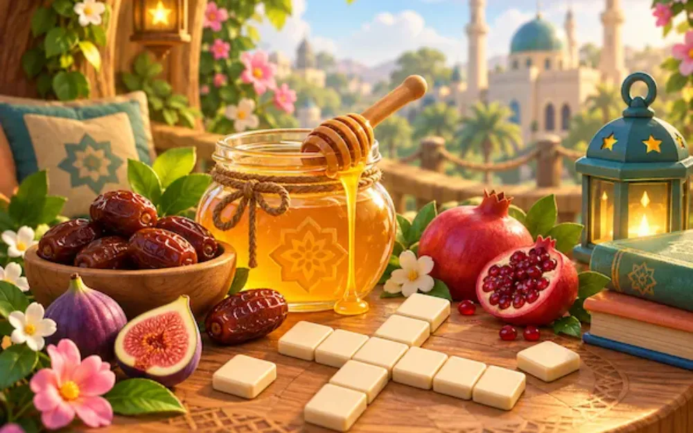 A jar of honey with dates, figs and a pomegranate on a garden table, with a masjid beyond