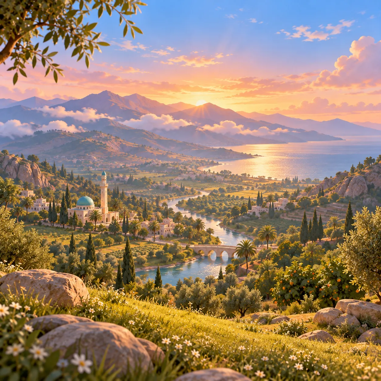 A sunrise over a green valley, with a winding river, palm and orange groves, a small masjid with a teal dome, and mountains and the sea beyond