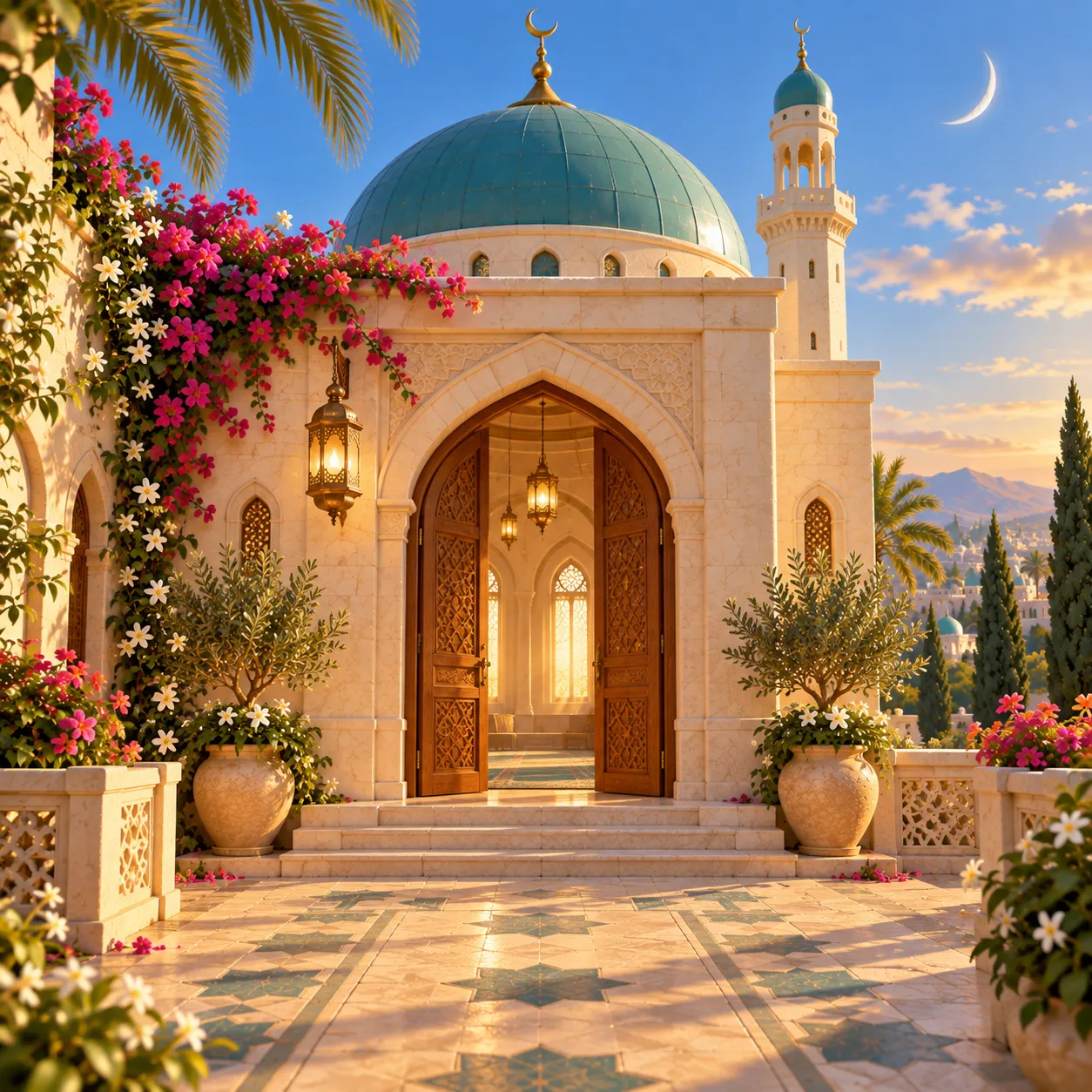 The open carved doors of a cream masjid with a teal dome, warm light glowing inside, a star-tiled path, a brass lantern and climbing flowers