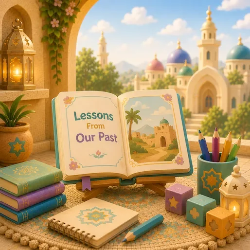 An open storybook with soft golden light, representing Islamic lessons and stories for Muslim children