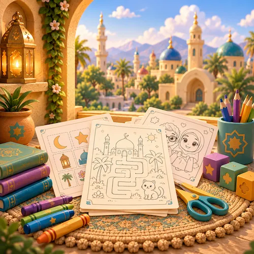 Printable Islamic worksheets for Muslim children — word searches and crosswords as PDFs