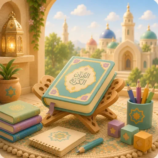 A closed Mushaf with green cover and gold geometric detail resting on a cushion in warm lamplight