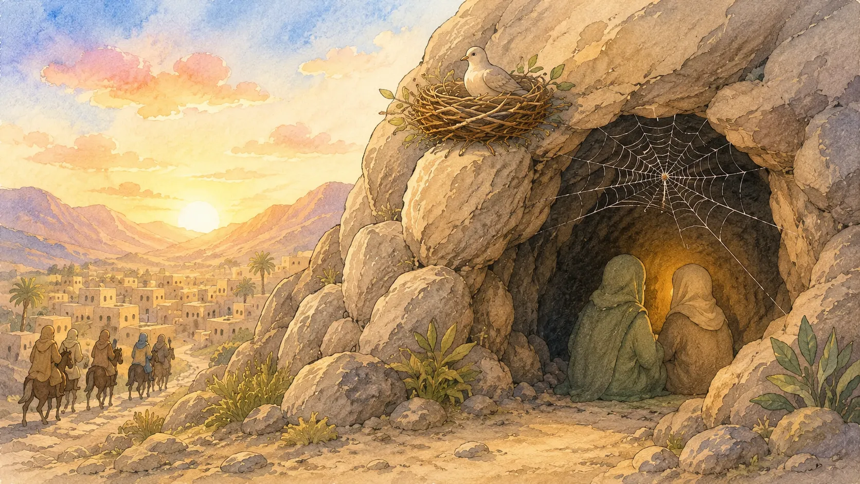 The Cave of Thawr during the Hijra, where Prophet Muhammad and Abu Bakr hid, with a spider web across the entrance and a dove nesting at the opening