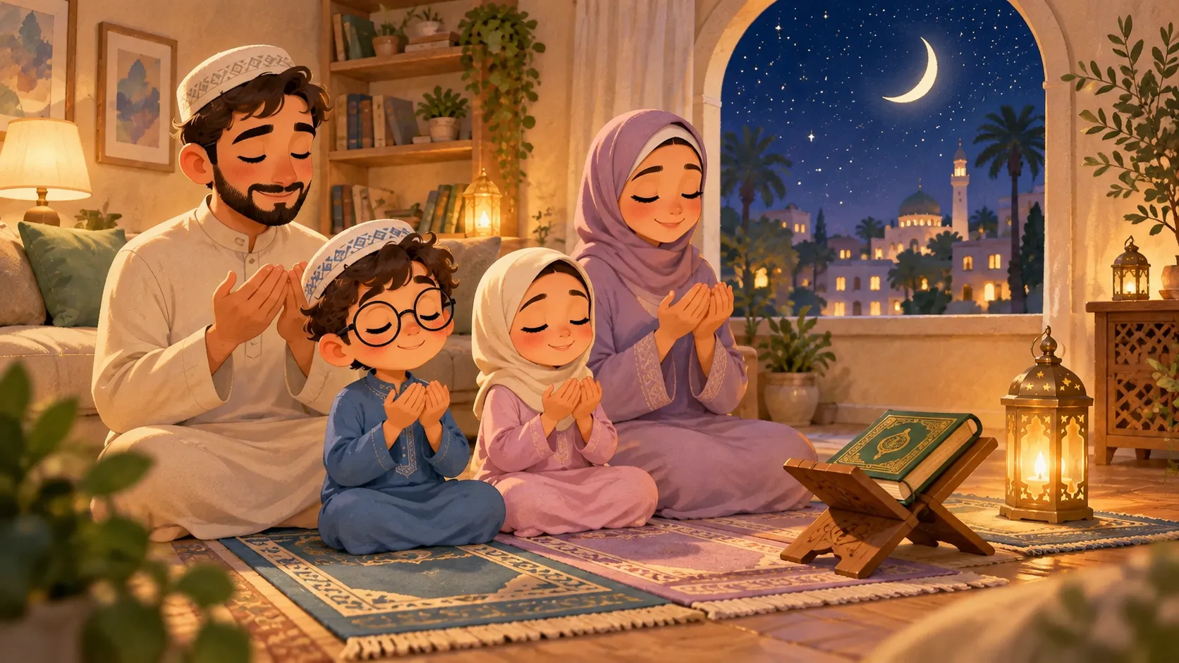 Una familia rezando junta de noche en una habitación con luz suave durante las últimas noches de Ramadán, con una luna creciente y estrellas tras la ventana
