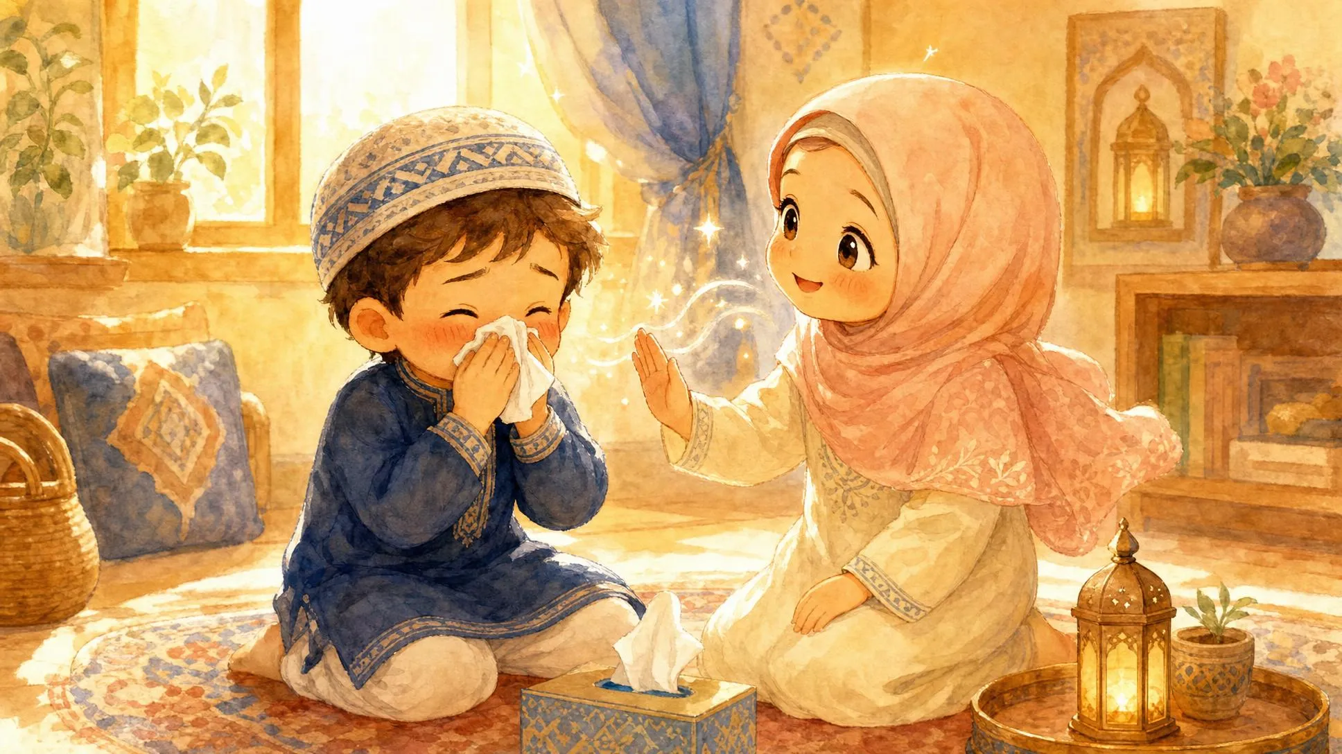 A cheerful Muslim child sneezing and saying Alhamdulillah, while a friend answers with a kind dua, illustrating the manners of sneezing in Islam