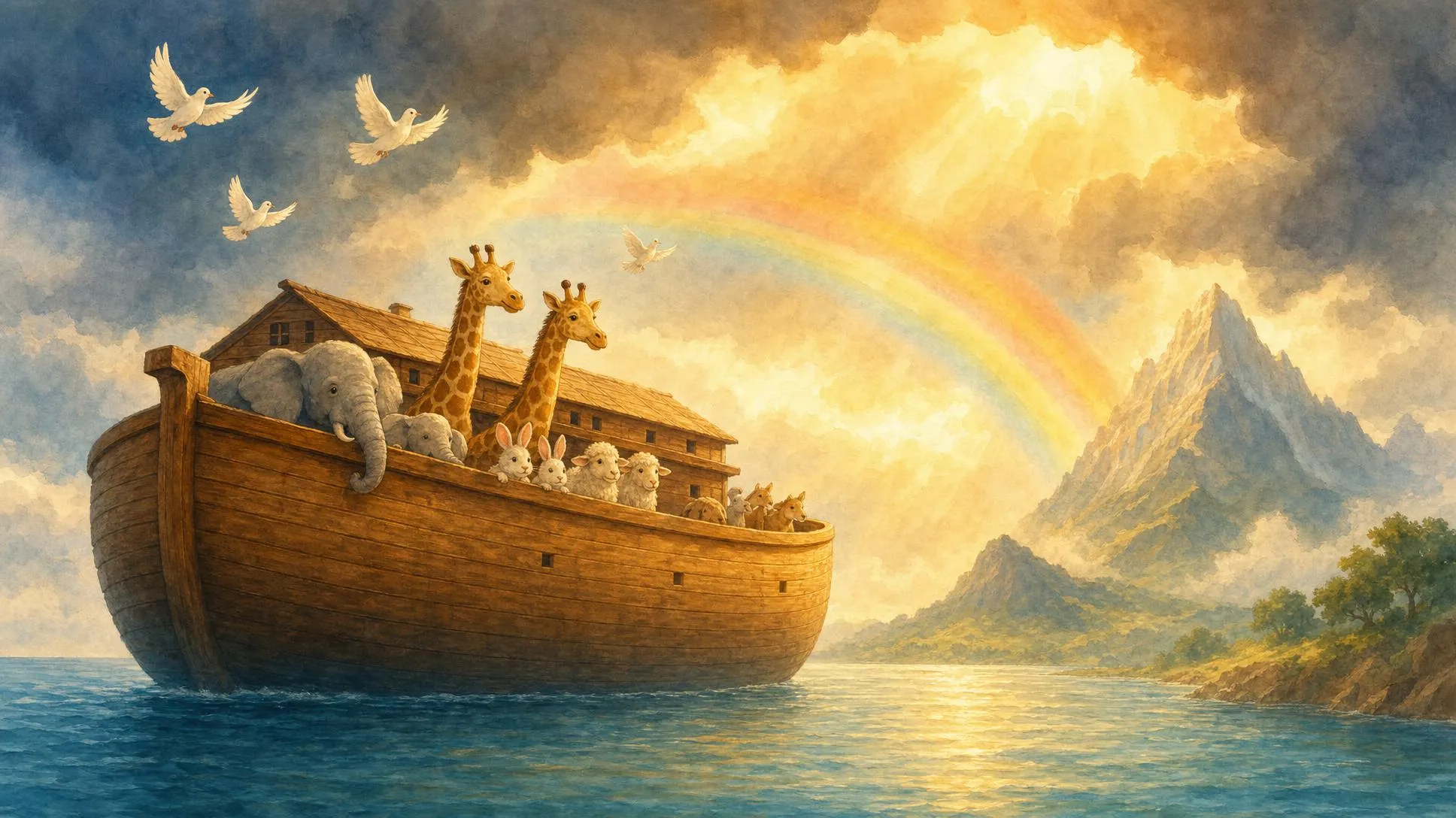 Prophet Nuh's great ark floating on the water, carrying the believers and pairs of animals