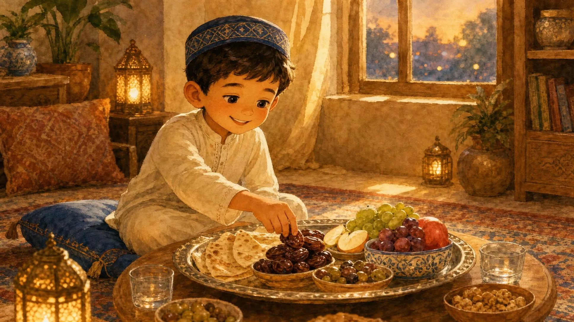 A young boy learning table manners from the Prophet Muhammad, sharing a dish of food