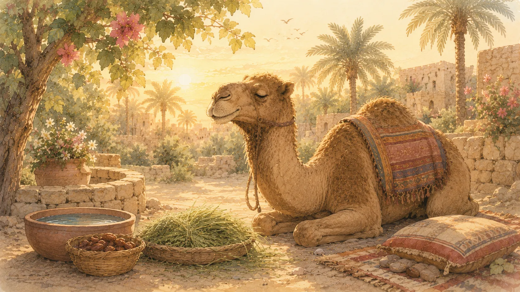 A camel in a garden lowering its head to the Prophet Muhammad with tears in its eyes, illustrating the hadith about the trust of caring for animals we own