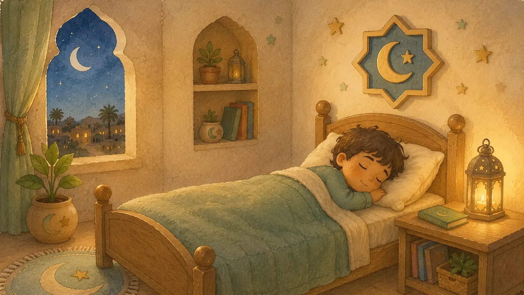 A child sleeping peacefully under a soft blanket beside a glowing lantern, illustrating the Islamic bedtime dua 