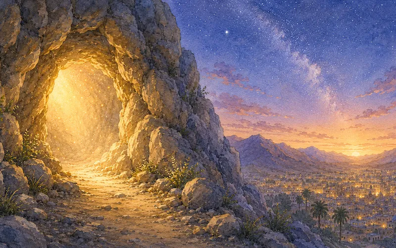 A warm illustration of the cave of Hira where the Prophet Muhammad received the first revelation from Allah