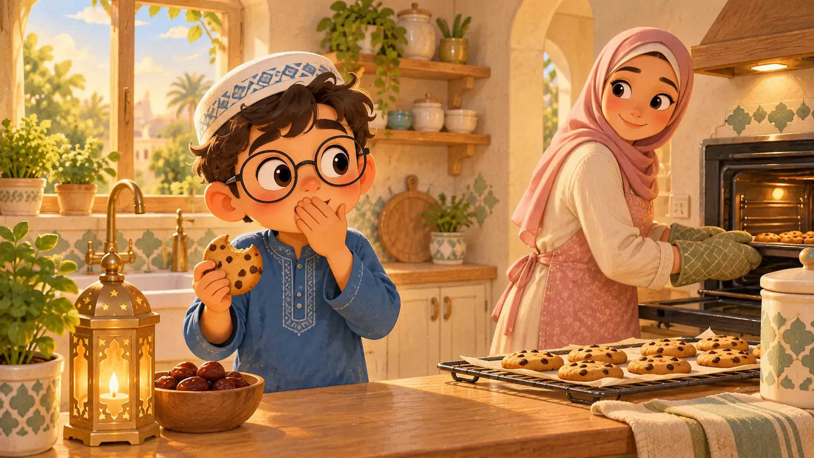 Un niño en una cocina cálida con una galleta casera mordida en la mano, recordando de pronto que está ayunando, junto a una bandeja de galletas que se enfrían