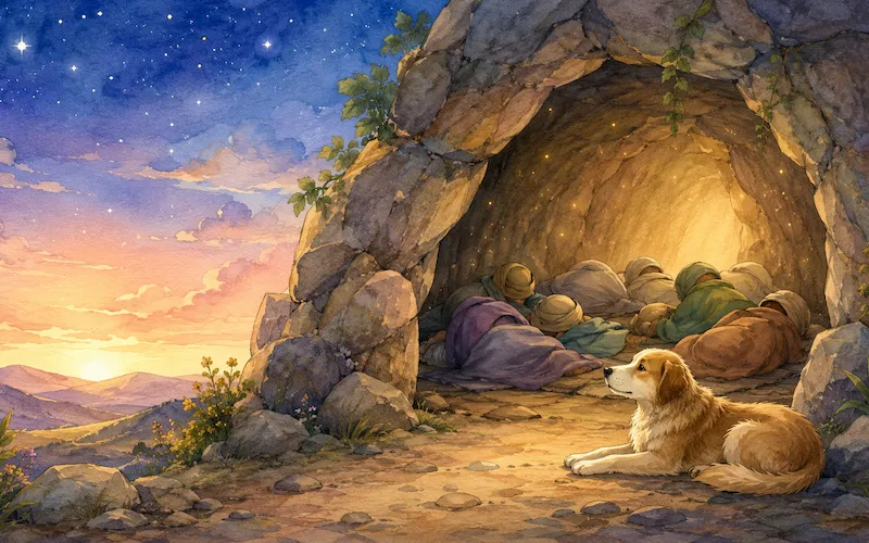 A warm illustration of the Sleepers of the Cave, the mysterious Quranic story of young believers who slept for many years