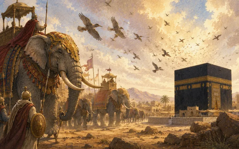 A young Muslim boy looking up at the night sky, learning about the Year of the Elephant when the Prophet Muhammad was born