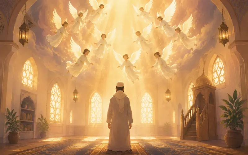 Soft golden light descending in a peaceful mosque, representing the Twelve Angels story