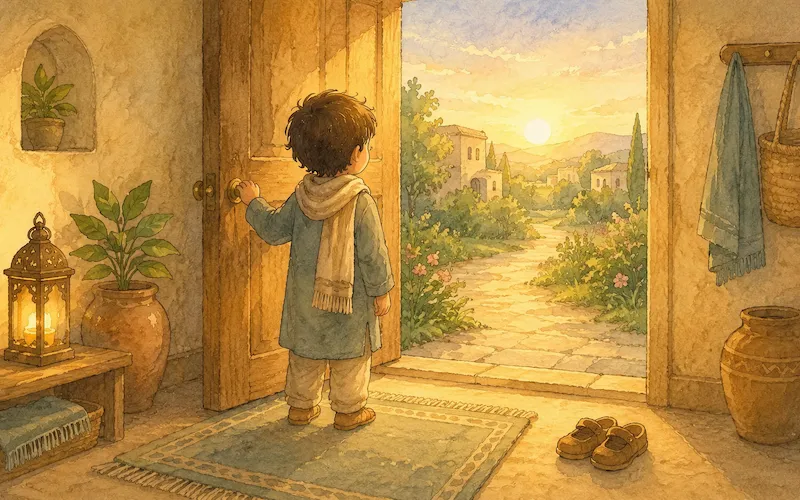 A warm illustration of a Muslim child saying the leaving-home dua at the doorway