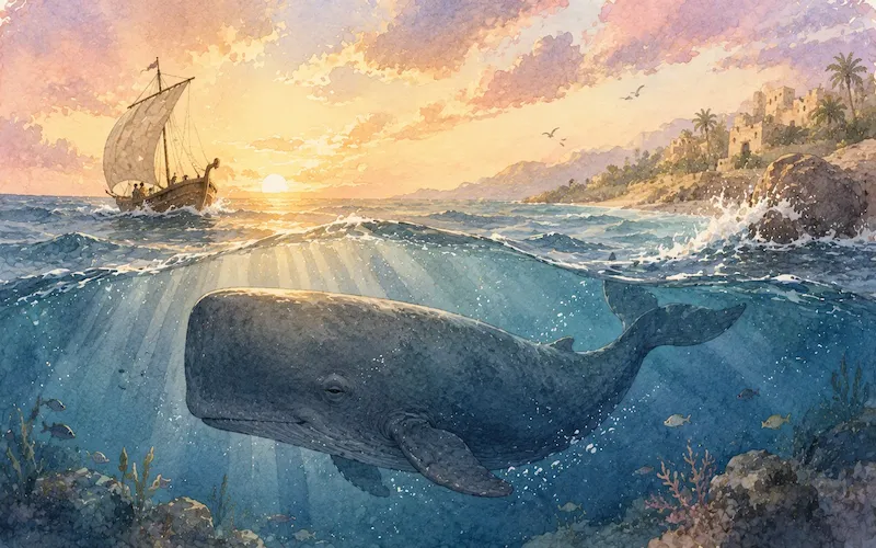 A great whale in moonlit waters