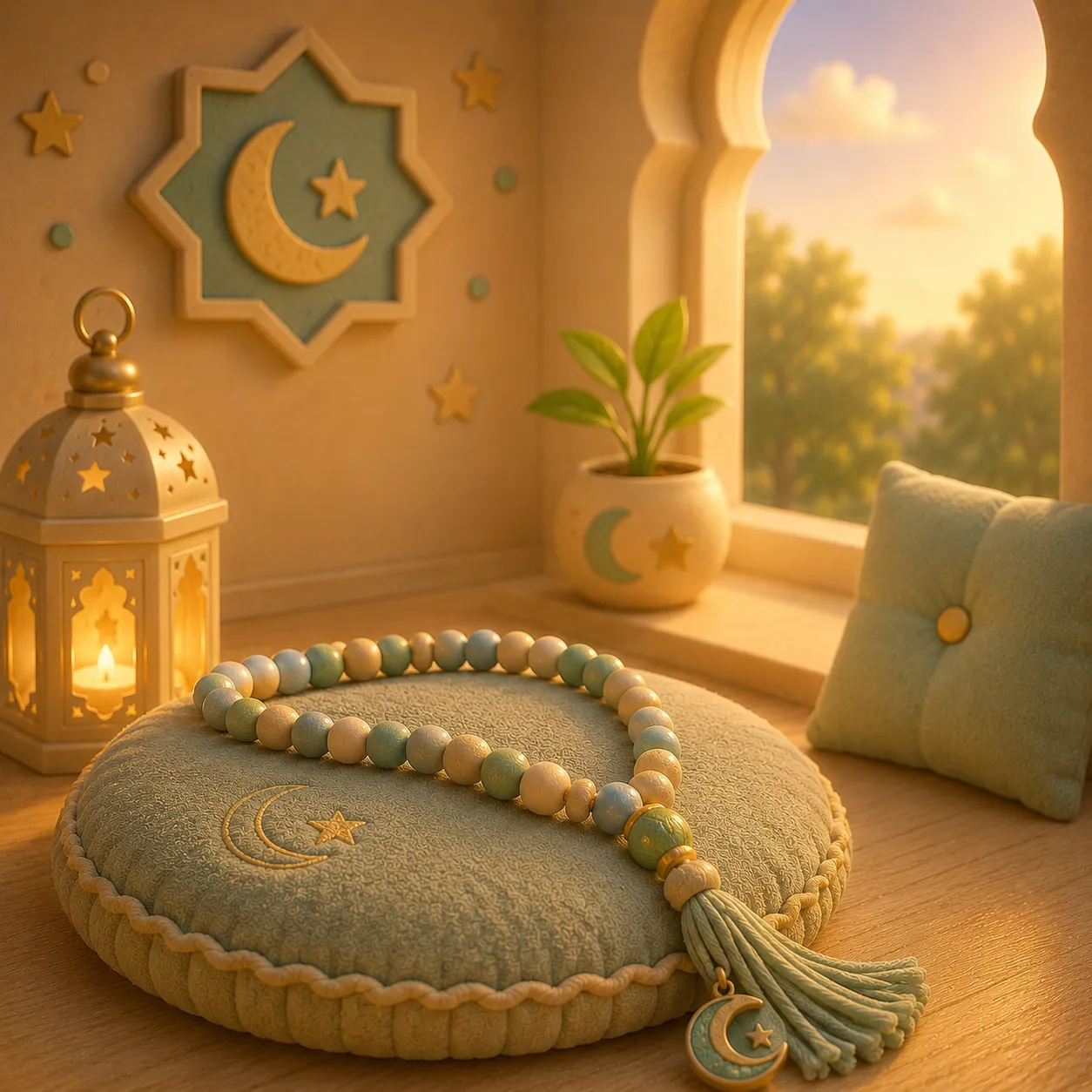 Warm wooden tasbih prayer beads draped softly with golden light