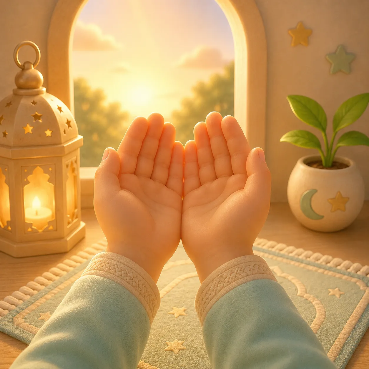 A child's hands raised in dua with warm golden light