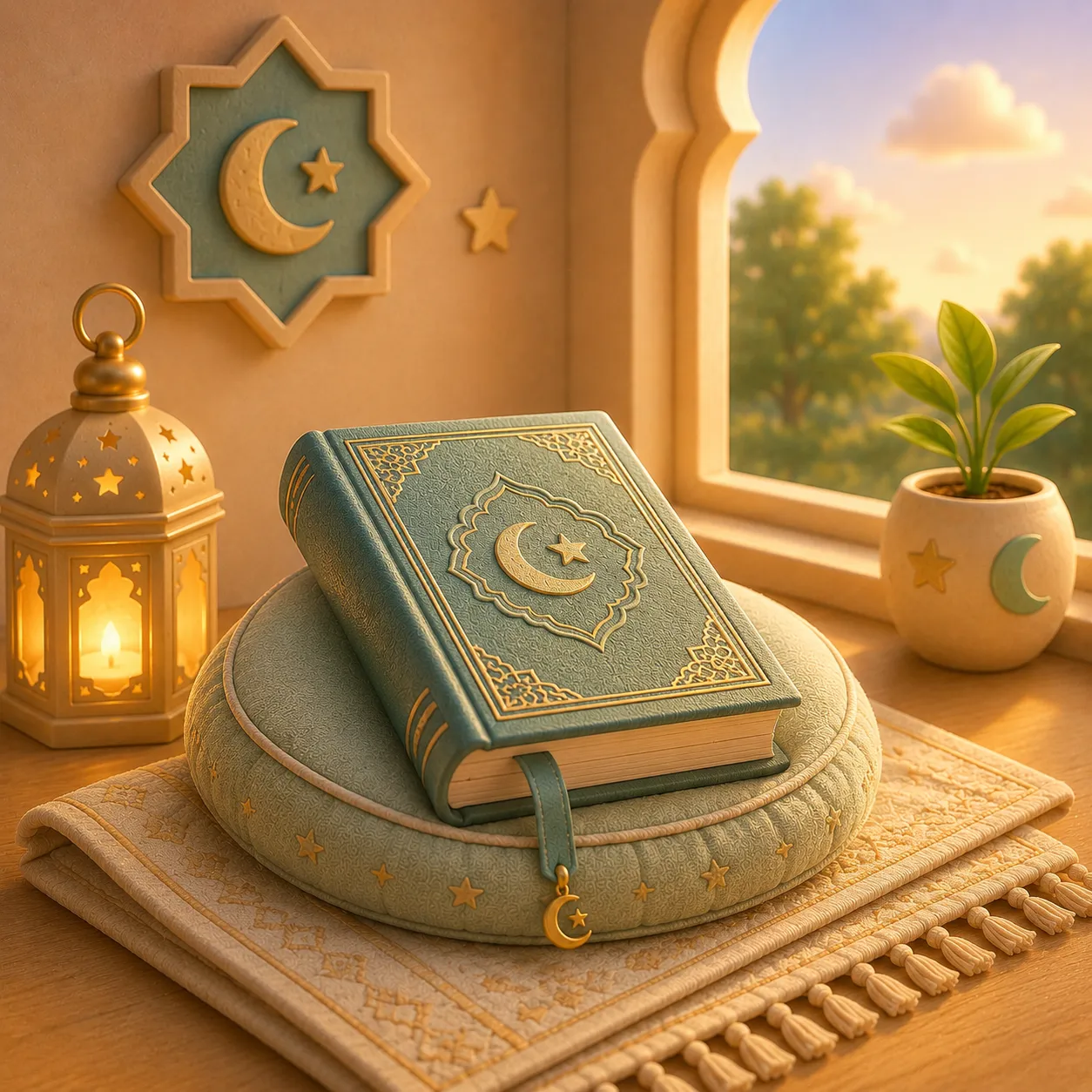 A closed Mushaf with green cover and gold geometric detail resting on a cushion in warm lamplight