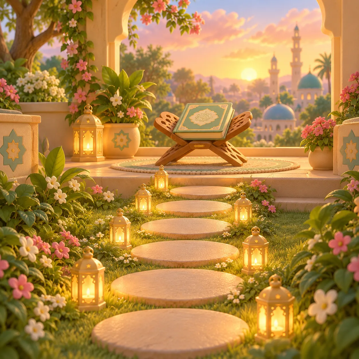 A path of stepping stones lit by lanterns, leading to a Quran on a wooden stand