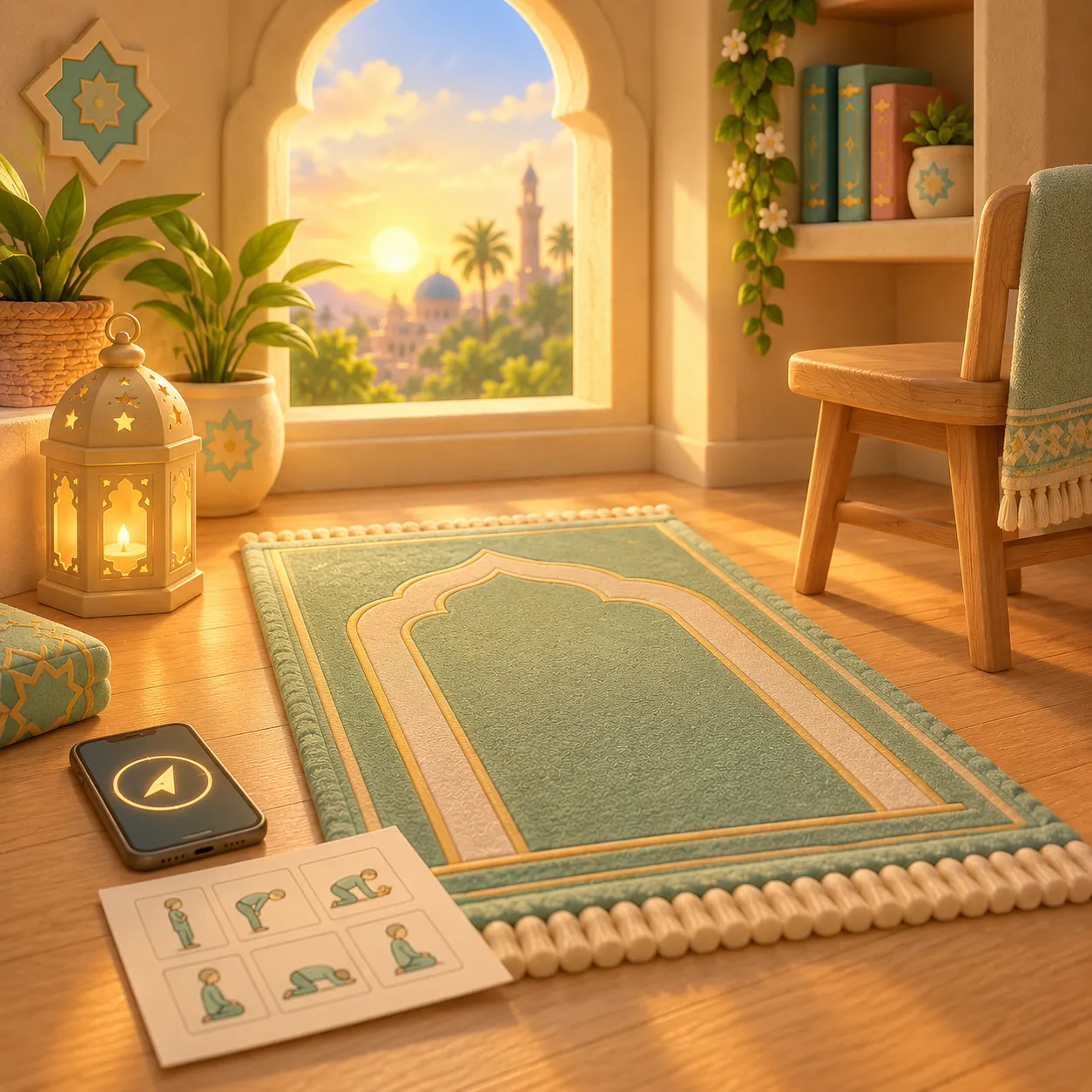 A prayer mat with a phone showing a compass, a sheet of prayer positions, and a chair beside it