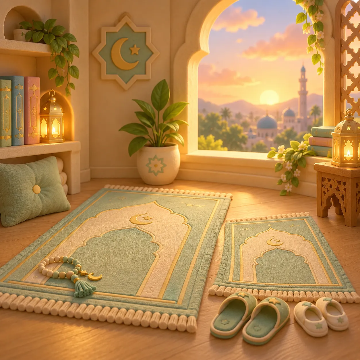 A grown-up’s prayer mat and a small child’s mat side by side, with two pairs of slippers, in a warm room at sunset