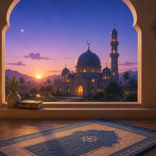 A peaceful pre-dawn sky over a charming mosque, representing the Fajr prayer time