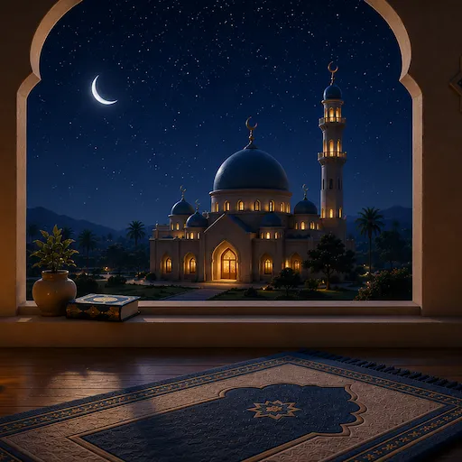 A peaceful night sky with a crescent moon and stars, representing the Isha prayer time