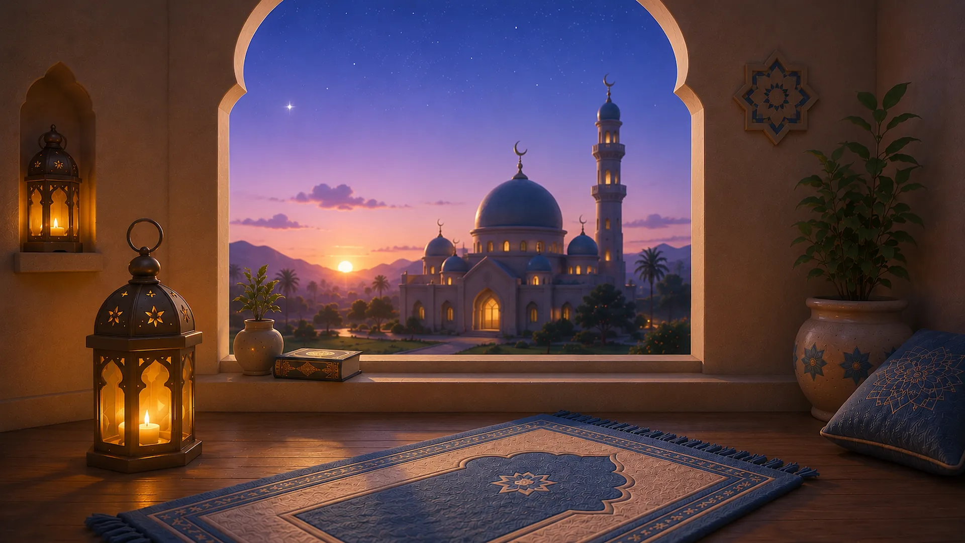 A peaceful pre-dawn scene with a small mosque on a grassy hill under a soft purple sky