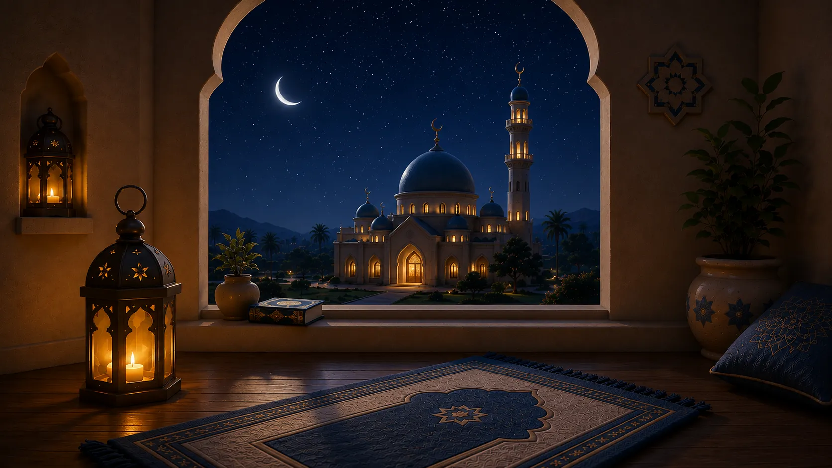 A peaceful night scene with a crescent moon and stars above a small mosque